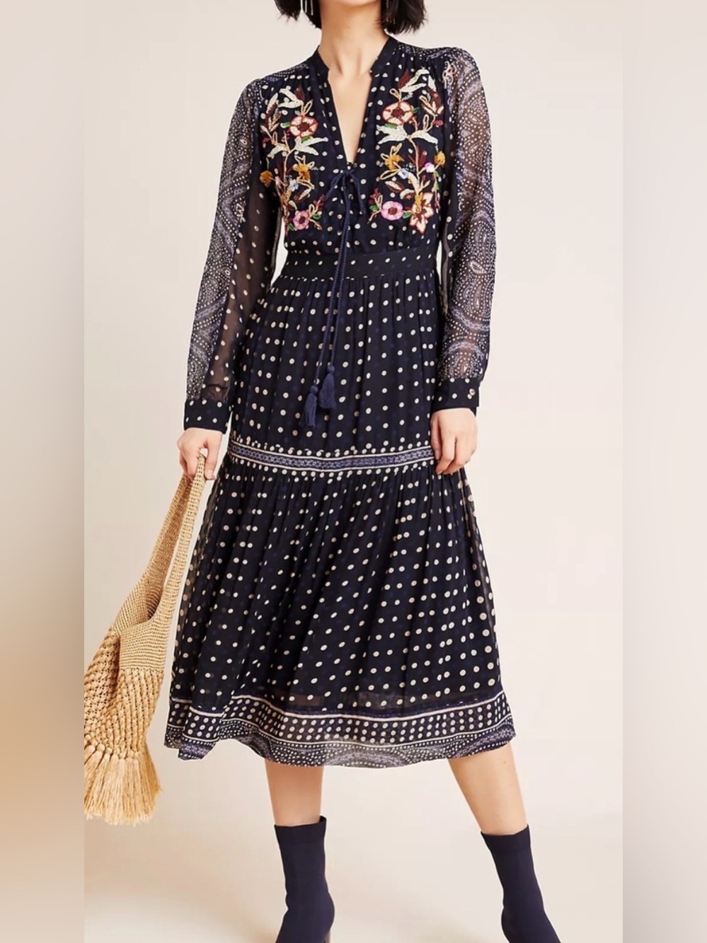 Maeve Cassidy navy embroidered midi dress, size 0
